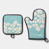 サマーホワイトコスモスフラワーズ名前をカスタムする 鍋つかみ&鍋敷きセット (正面)