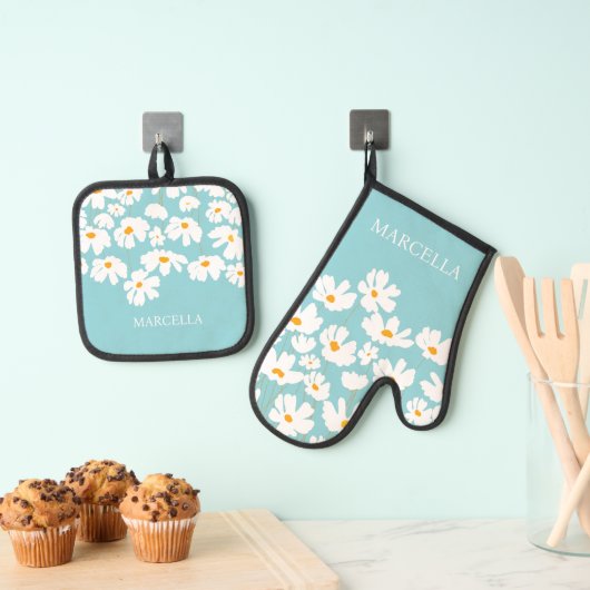 サマーホワイトコスモスフラワーズ名前をカスタムする 鍋つかみ&鍋敷きセット (インサイチュ (吊り下げ))