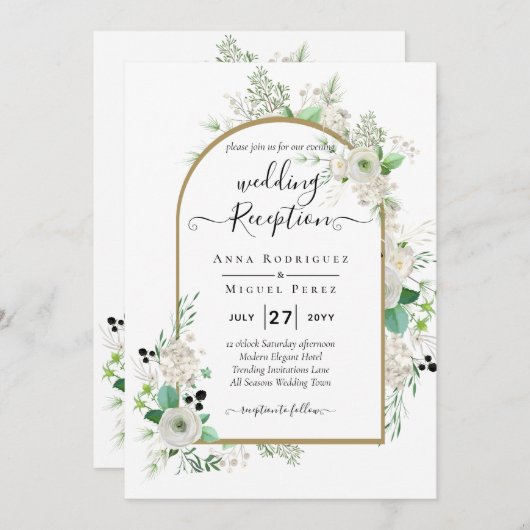 サマーホワイトローズエメラルドセージ緑結婚園 招待状 (正面/裏面)