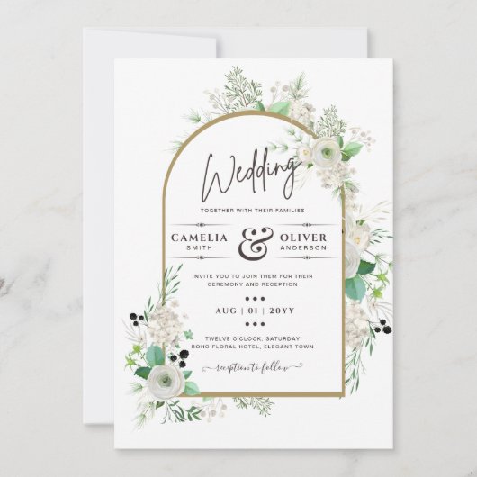 サマーホワイトローズエメラルドセージ緑結婚園 招待状 (正面)