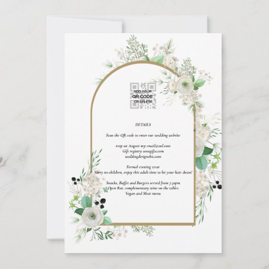 サマーホワイトローズエメラルドセージ緑結婚園 招待状 (裏面)