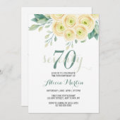 サマーホワイトローズフローラグリーンリー70誕生日 招待状 (正面/裏面)