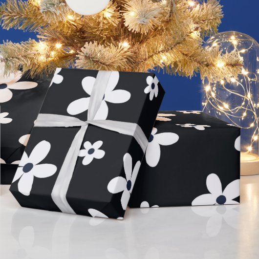 サマーボホ白黒デイジー花 ラッピングペーパー (クリスマス)