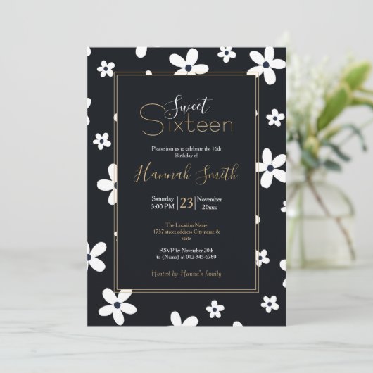 サマーボホ白黒デイジー花 招待状 (スタンド正面)