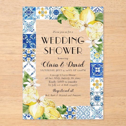 サマーポジターノブルータイルズレモンウェディングシャワー アクリル招待状 (正面)