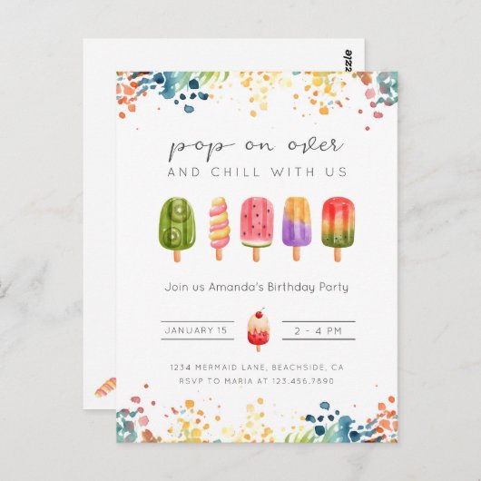 サマーポップシクルアイスバー誕生日パーティー招待状 ポストカード (正面/裏面)