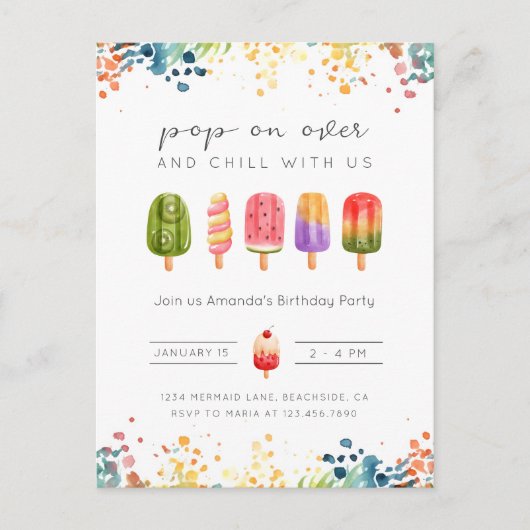 サマーポップシクルアイスバー誕生日パーティー招待状 ポストカード (正面)