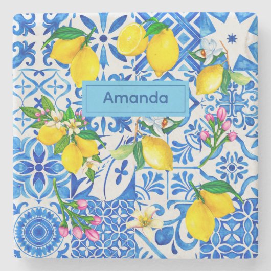 サマーマジョリカブルーシチリア地中海の柑橘類 ストーンコースター (正面)
