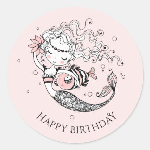 サマーマーメイドガールズ誕生日ピンク ラウンドシール
