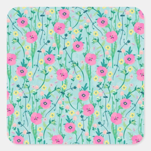 サマーメドウフローラ自然ティール(緑がかった色)イラストレーション スクエアシール (正面)