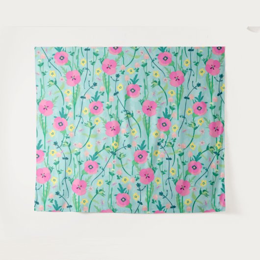 サマーメドウフローラ自然ティール（緑がかった色）イラストレーション タペストリー (正面(横))