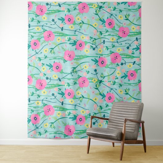 サマーメドウフローラ自然ティール（緑がかった色）イラストレーション タペストリー (インサイチュ)