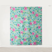 サマーメドウフローラ自然ティール（緑がかった色）イラストレーション タペストリー (正面)