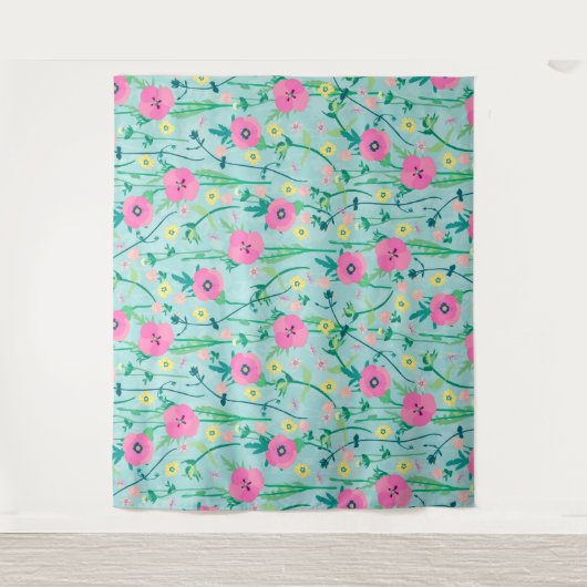 サマーメドウフローラ自然ティール（緑がかった色）イラストレーション タペストリー (正面)