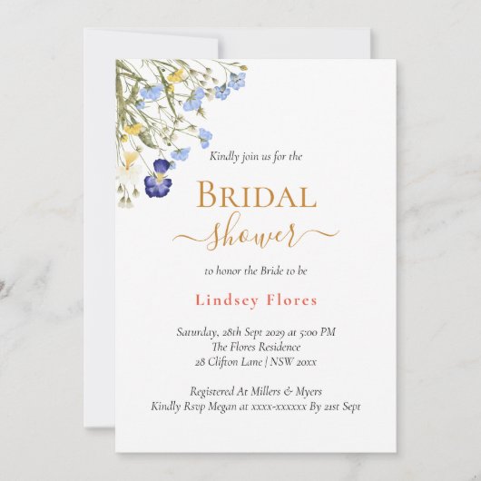 サマーメドウワイルドフラワーズ金ゴールドブライダルシャワー 招待状 (正面)