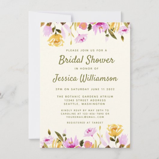 サマーモダンウォーター色フローラブライダルシャワー 招待状 (正面)
