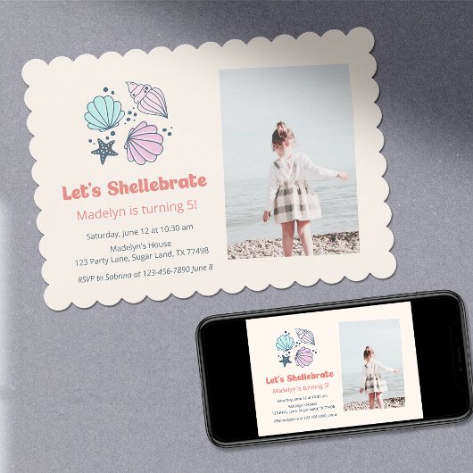 サマーモダンシェル誕生日写真 招待状