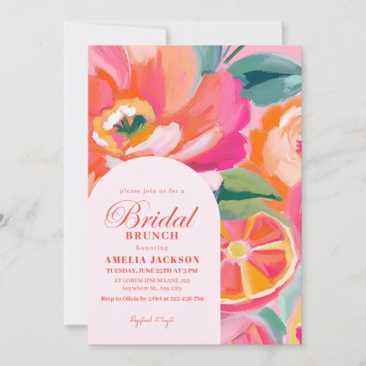 サマーモダンシトラスオレンジフローラブライダルシャワー 招待状 (正面)