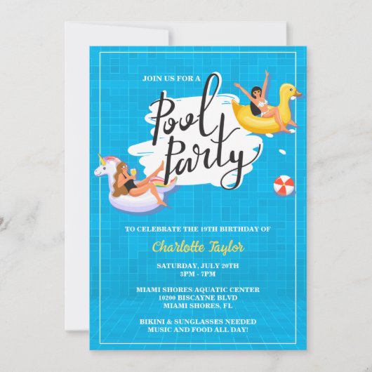 サマーモダンスイミングプール誕生日パーティー 招待状 (正面)
