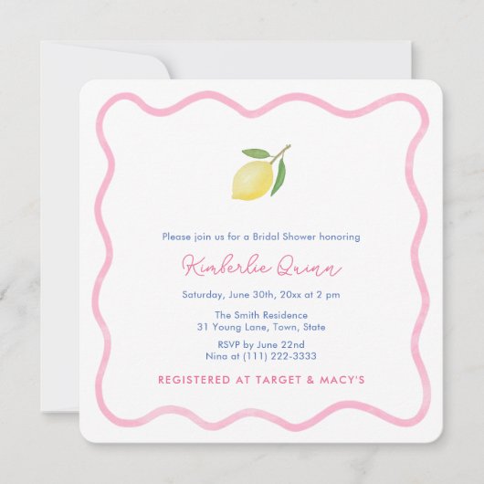 サマーモダンピンクウェー縁どブレモンブライダルシャワー 招待状 (正面)