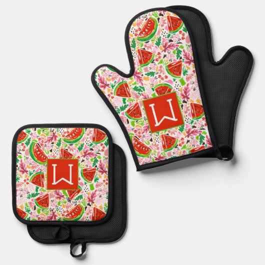 サマーモノグラムのスイカ果実模様 鍋つかみ&鍋敷きセット (正面/裏面)