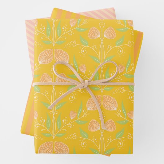 サマーモーニング – イエローとピーチのフローラとストライプ ラッピングペーパーシート (インサイチュ)