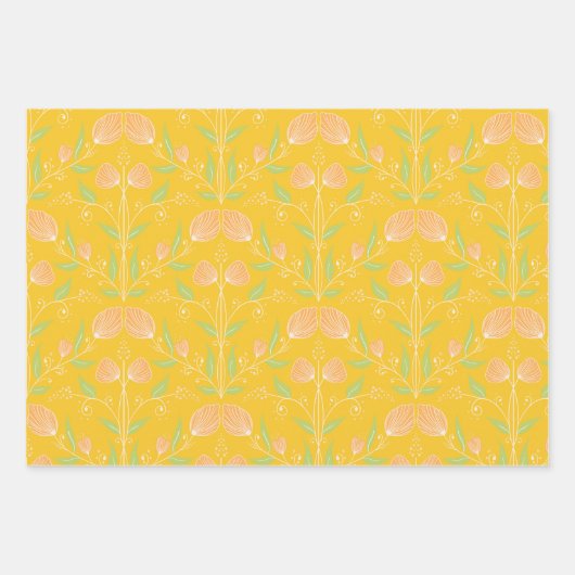 サマーモーニング – イエローとピーチのフローラとストライプ ラッピングペーパーシート (正面)