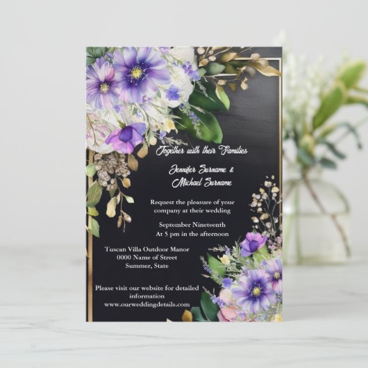 サマーヤギエレガントフラワー黒紫色の水色 招待状 (スタンド正面)
