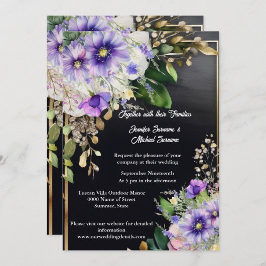 サマーヤギエレガントフラワー黒紫色の水色 招待状 (正面/裏面)