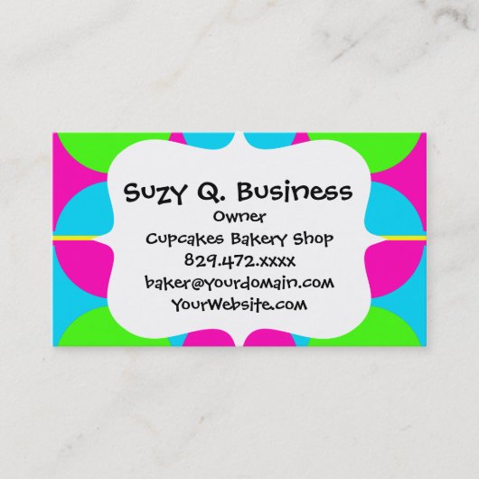 サマーライムグリーンホットピンクティール(緑がかった色)サークルストライプズ 名刺 (正面)