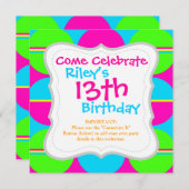 サマーライムグリーンホットピンクティール(緑がかった色)サークルストライプズ 招待状 (正面/裏面)
