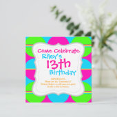 サマーライムグリーンホットピンクティール(緑がかった色)サークルストライプズ 招待状 (スタンド正面)