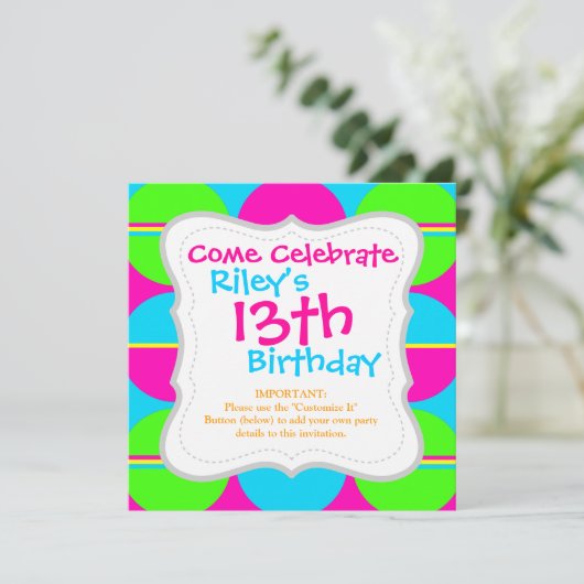サマーライムグリーンホットピンクティール（緑がかった色）サークルストライプズ 招待状 (スタンド正面)