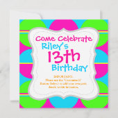 サマーライムグリーンホットピンクティール（緑がかった色）サークルストライプズ 招待状 (正面)