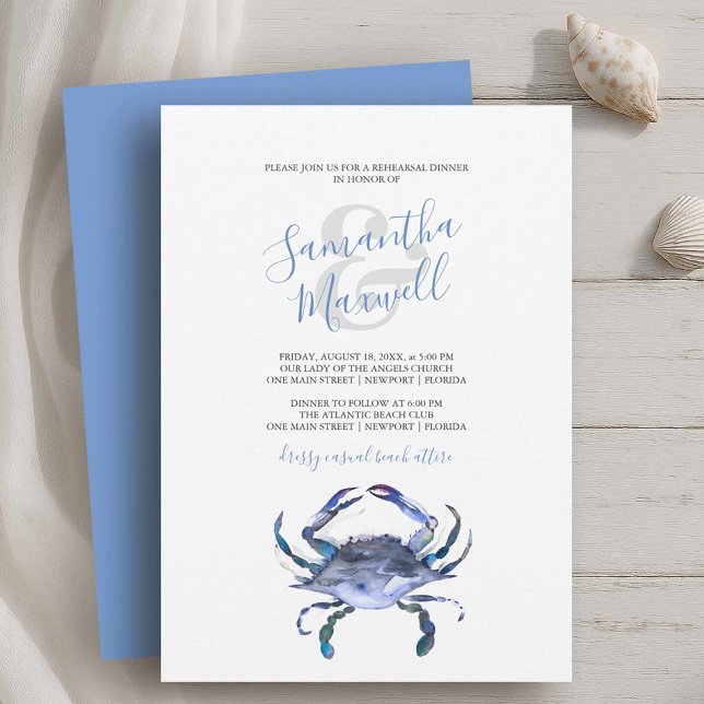サマーリハーサルディナー招待状ブルーカニ (classy rehearsal dinner invitations with blue crab on a white background printable or printed cards)