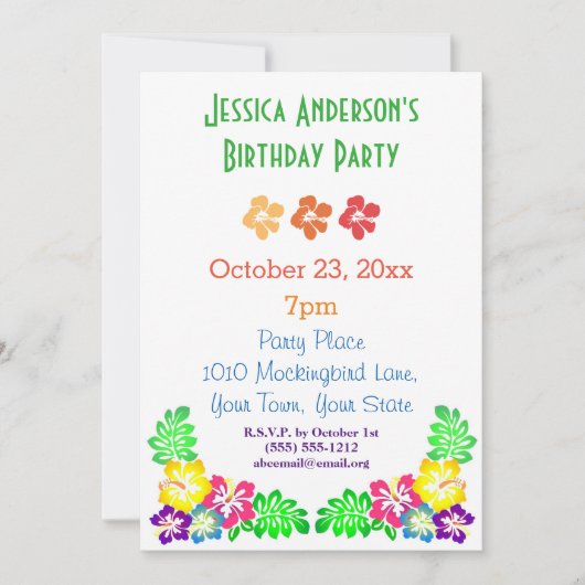 サマールアウ(ハワイ式宴会)ハイビスカスハワイアントロピカル誕生日 招待状 (正面)
