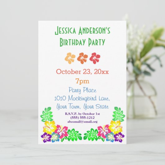 サマールアウ（ハワイ式宴会）ハイビスカスハワイアントロピカル誕生日 招待状 (スタンド正面)