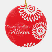 サマーレッドフラワーズハッピーバースデー名オーナメント セラミックオーナメント (正面)