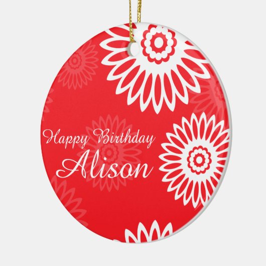サマーレッドフラワーズハッピーバースデー名オーナメント セラミックオーナメント (左)