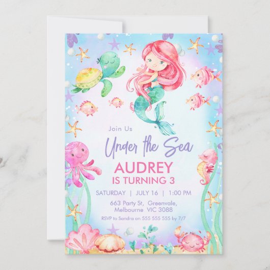 サマーレッドヘアマーメイドザシー誕生日 招待状 (正面)
