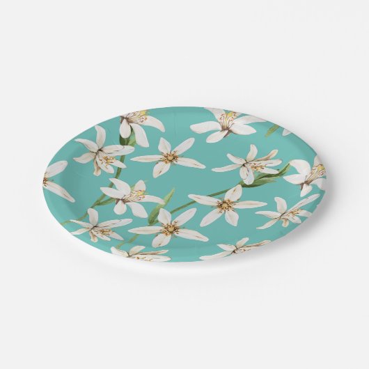 サマーレモンの花の模様オンティール（緑がかった色） ペーパープレート (アングル)