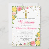 サマーレモングリーナリーピンクフローラガールバプテスマ 招待状 (正面)