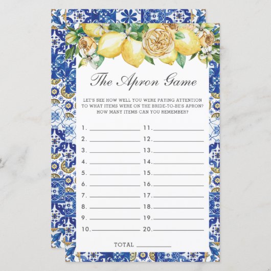 サマーレモンフローラブライダルシャワーザエプロンゲーム (正面/裏面)