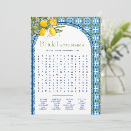 サマーレモンブライダルシャワー単語検索ゲームカード 招待状 (スタンド正面)