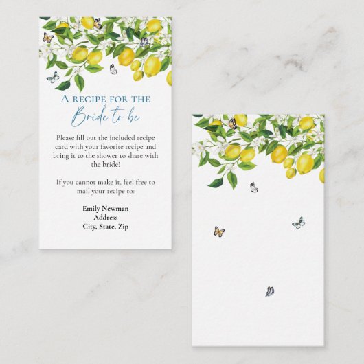 サマーレモンブライダルシャワー |レシピ要求 エンクロージャーカード (正面/裏面)