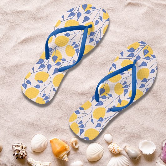 サマーレモンブルーフローラルパターン ビーチサンダル