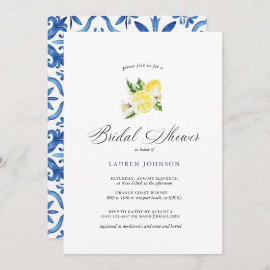 サマーレモン&タイル地中海のブライダルシャワー 招待状 (正面/裏面)