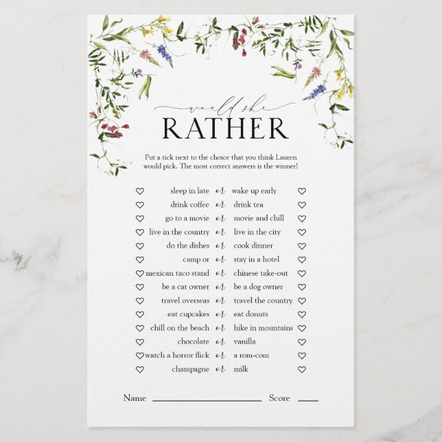 サマーワイルドフラワーウォーターブライダルシャワーゲーム (正面)