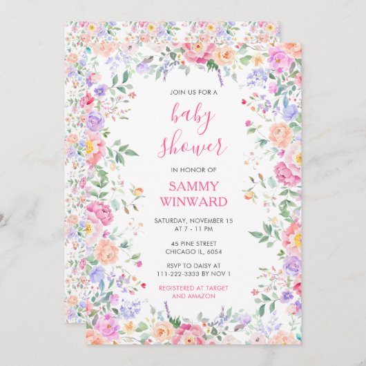 サマーワイルドフラワーズフローラベビーシャワー 招待状 (正面/裏面)