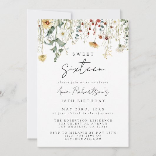 サマーワイルドフラワーフィールドスウィート16誕生日 招待状 (正面)